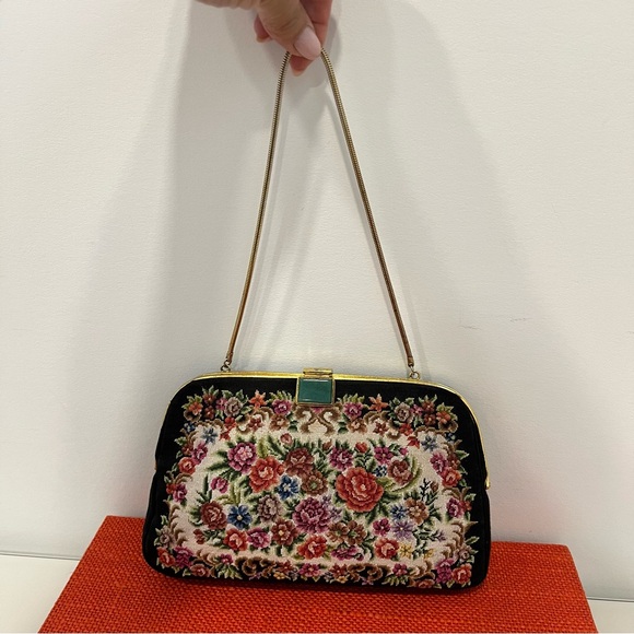 Vintage Petite Point Black Floral Needlepoint Bag with Jade-like Stone Clasp - Picture 4 of 16